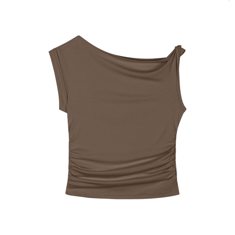 2025S Designer Women S T Shirt Spicy Girl Slanted Shoulder Sleeved T Shirt For Women In Summer Pure Desire Sexy Irregular Design Wrinkled Short Top