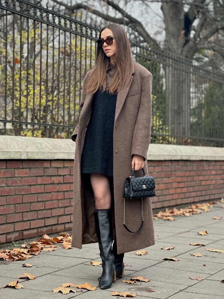 Brown Shoulder Pad Wool Blend Overcoat Women Elegant Lapel Singlebreasted Long Sleeve Coat Autumn Lady Outerwear 251023