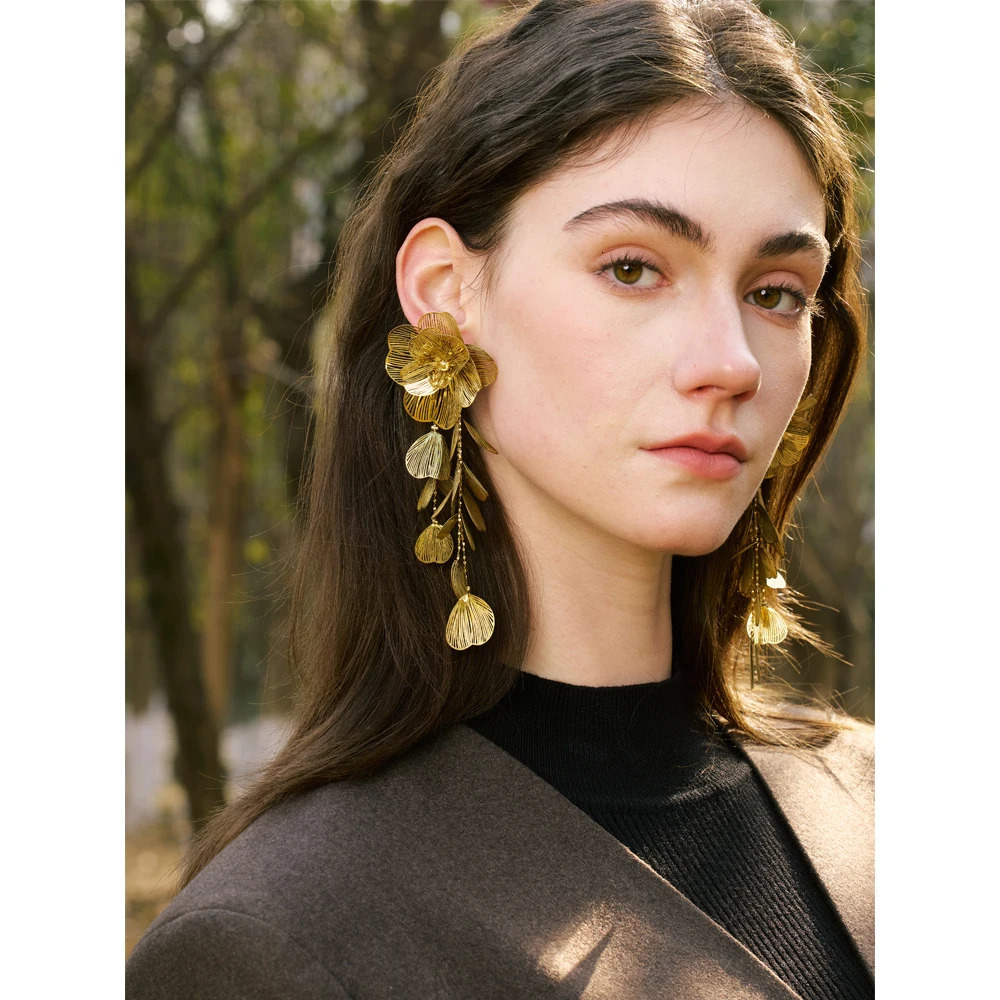 Yhpup Stainless Steel Big Flower Tassel Drop Dangle Exaggerated Earrings Metal Fashion Eye-Catching Party Jewelry Hypoallergenic 250409