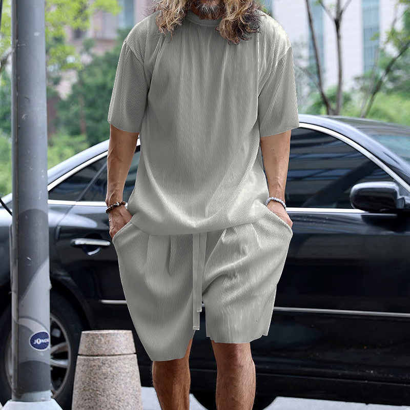 2025 Summer Ice Silk Breathable Pit Strip Short Sleeve Shorts Set Solid Color Male