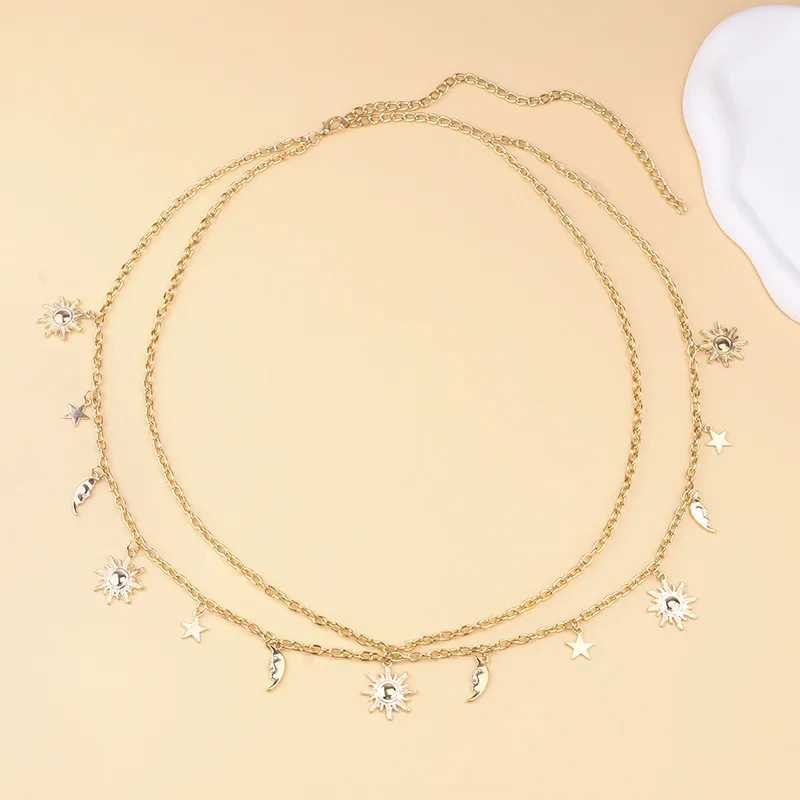 Personalized double-layer retro style Sun Moon Star Tassel alloy waist chain womens body chain jewelry X250410