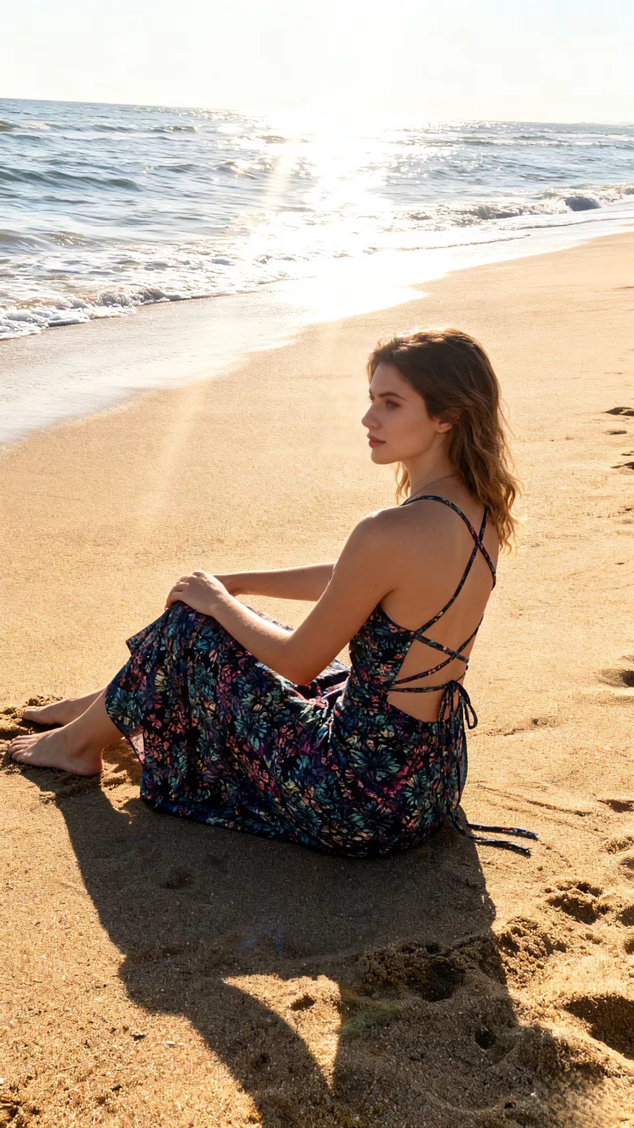 Black Floral Strapless Backless Cross-Tie Beach Dress Long Floral Print Beach Dress for Seaside Vacations