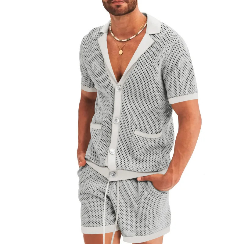 Summer mens open top shorts hollow knit casual sports collar T-shirt solid color beach mens 2-piece set 250410