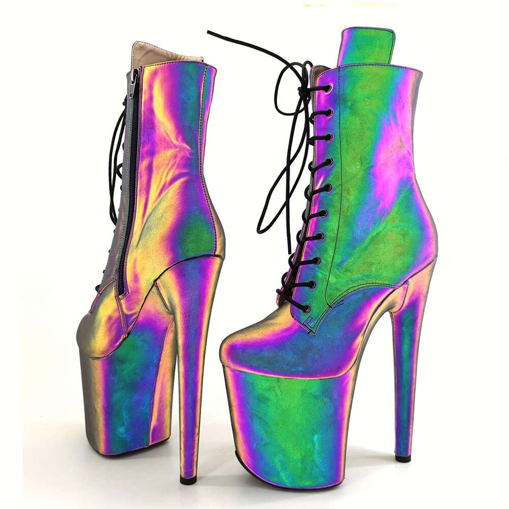 EXOHEELS Women's 8" 20Cm Iridescent Rainbow Glossy Pole - Full-Zip Ankle Strap Stiletto PU Cover Round-Toe For Stage, Nightclub, Party & All