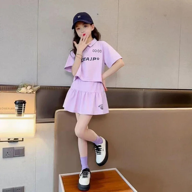 Summer teenage girls clothing set childrens letter printed lapel T-shirt and skirt set childrens short sleeved polo 2-piece set 250409