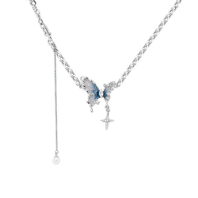 Cool Blue White Oil Drop Butterfly for Women, Light Luxury Niche Design Sense Collarbone Chain, Fresh and Sweet Necklace Wholesale
