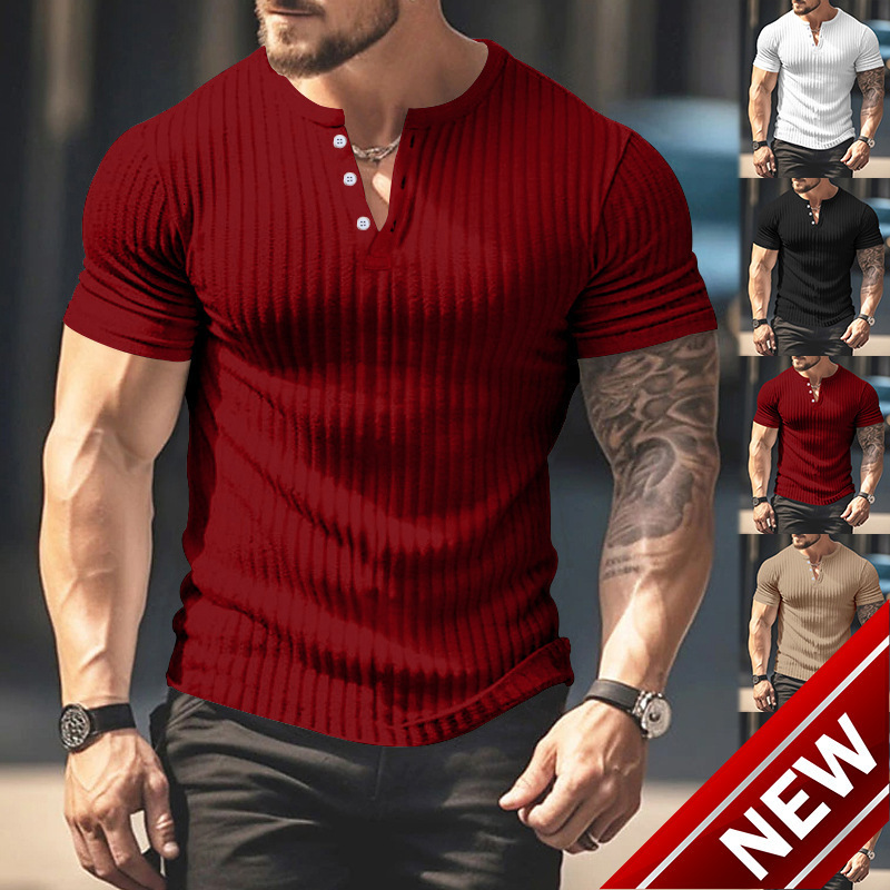 Temu2024 new mens short sleeved top with pit stripe slim fit short sleeved Henry T-shirt summer