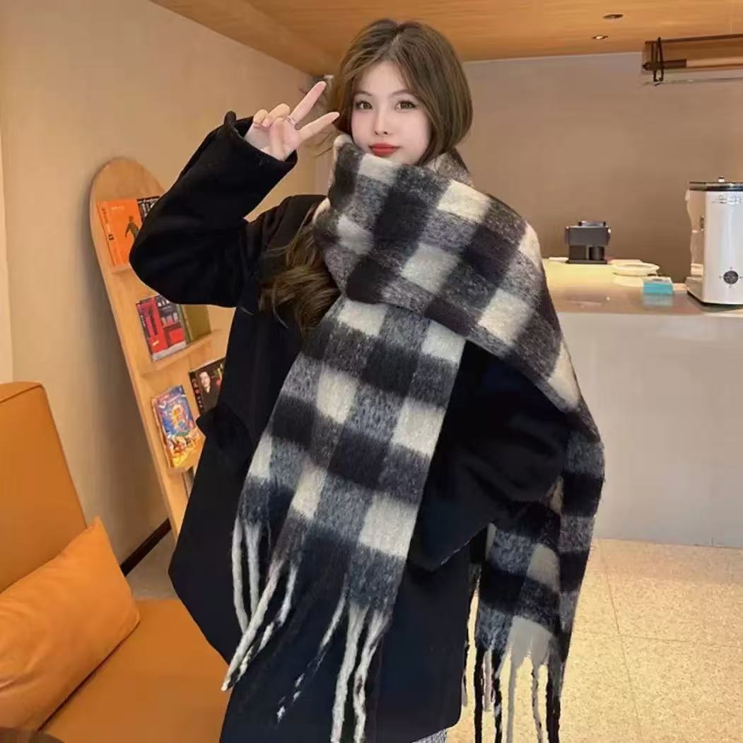 Thick & Cozy Plus Size Woman's Cashmere Blend Tartan Fringed Shawl for Cold Weather