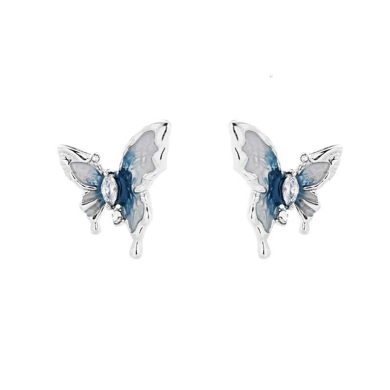 New Blue and White Oil Drop Butterfly 925 Silver Needle High-end Zircon Stud Wholesale Fashion Commuting Earrings for Women