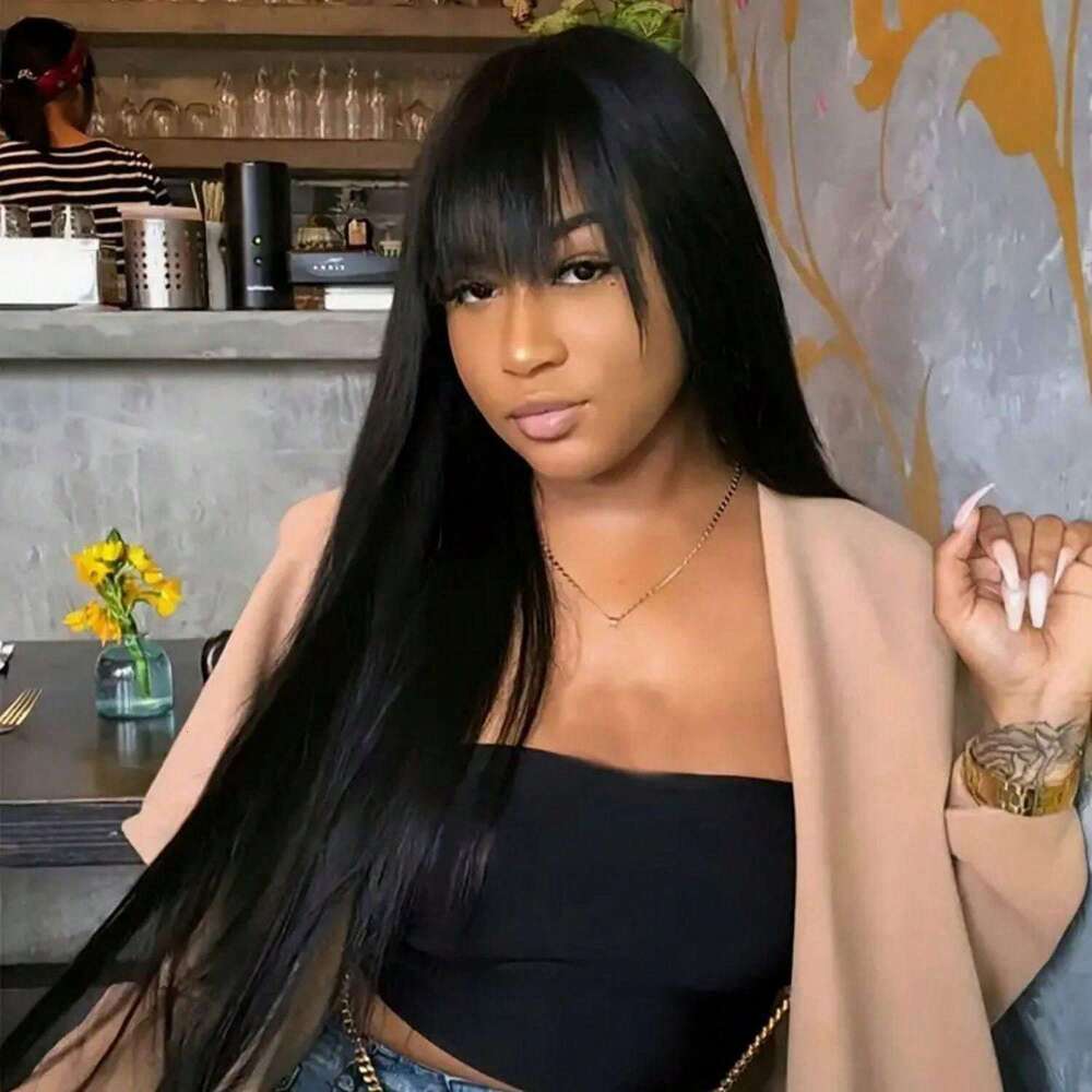 Women's Glueless Straight With Bangs Non-Lace Front, 250% Density Natural Black Hair, Machine-Made Remy Human Wig For Everyday & Special Events -