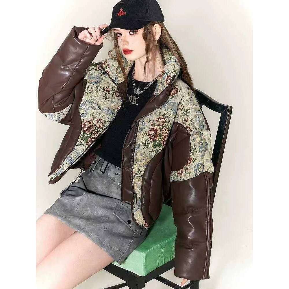 Vintage Coat Women's Winter Waterproof Embroidered Jacquard Jacket Down Thick Warm Outerwear PU Leather Parka