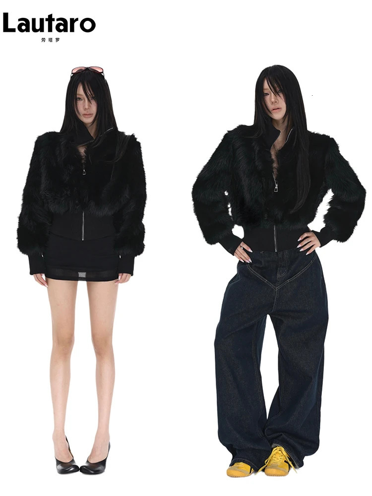 Lautaro Spring Winter Short Black Soft Thick Warm Hairy Faux Fur Coat Women Zip Up y ner Clothes Fluffy Jacket 251110