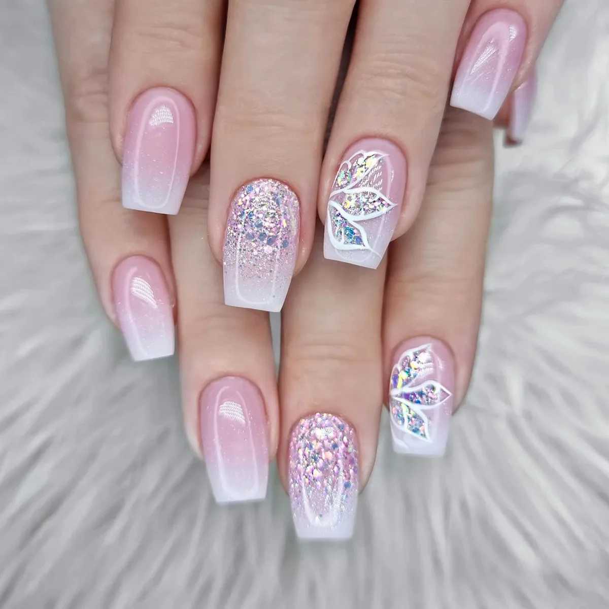 24 pieces pressed onto wearable fake nails pink gradient shimmer butterfly rhinestone fake nails fully covered acrylic nail tips W250410