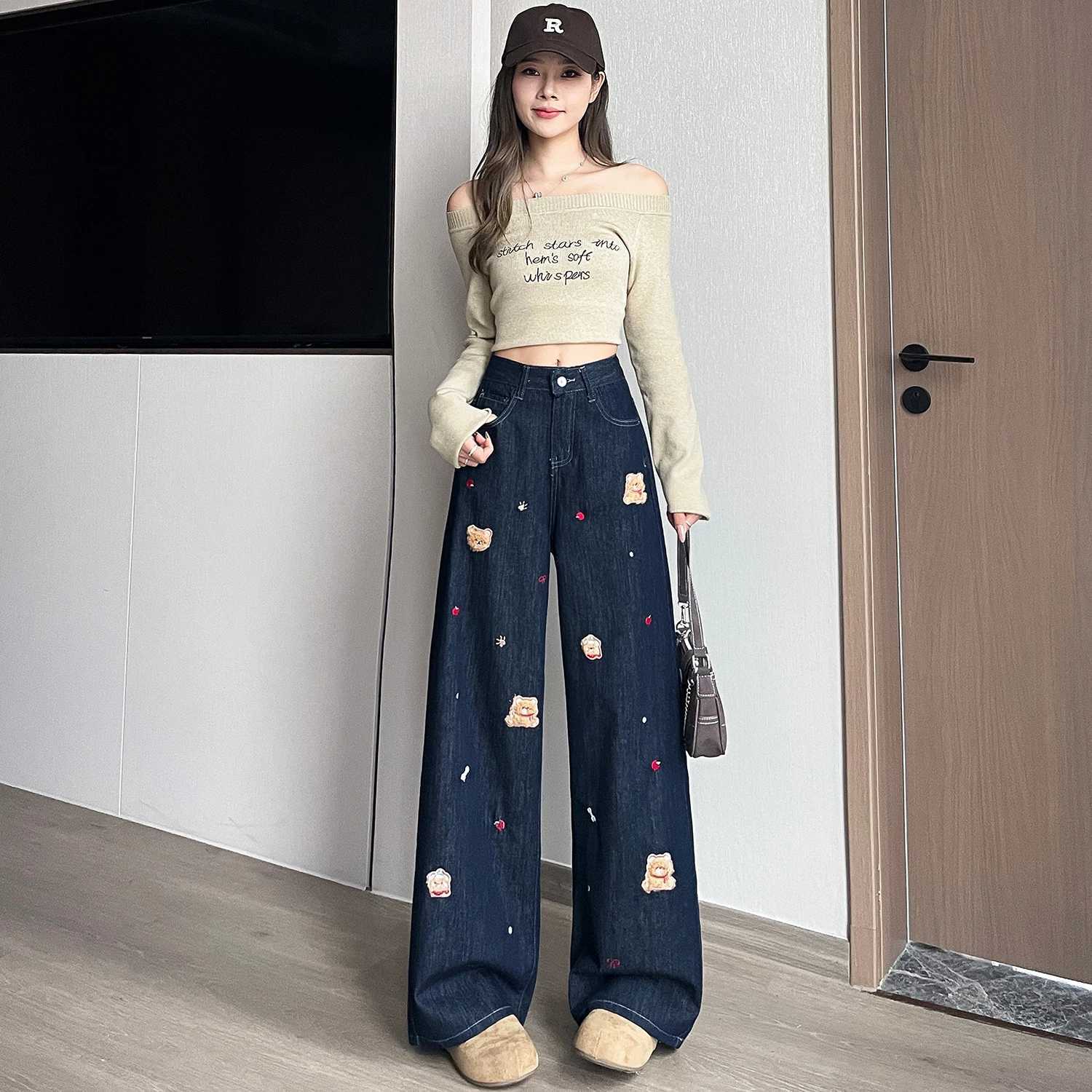 Womens Dog Embroideried Wide Leg Jeans Lady Spring Autumn High Waist Loose Straight Long Jeans C251110