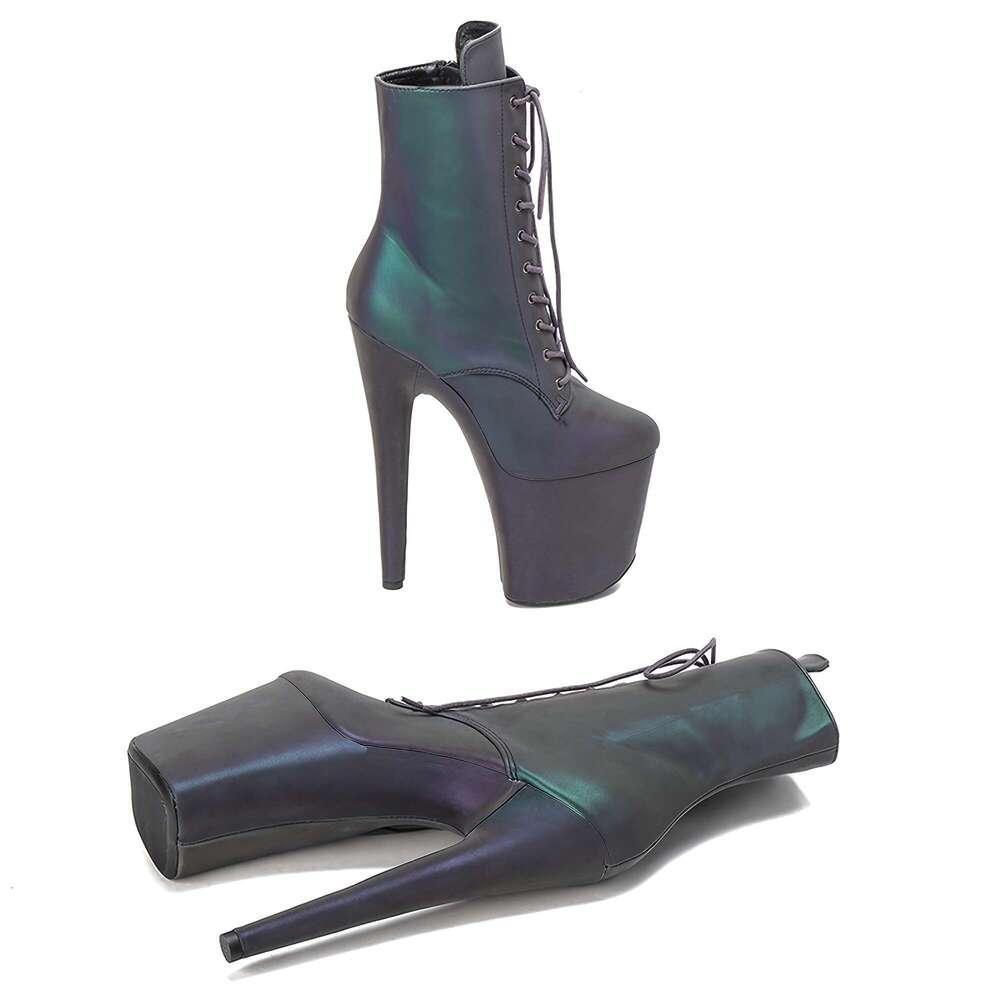 EXOHEELS Women's 8" 20Cm Iridescent Rainbow Glossy Pole - Full-Zip Ankle Strap Stiletto PU Cover Round-Toe For Stage, Nightclub, Party & All