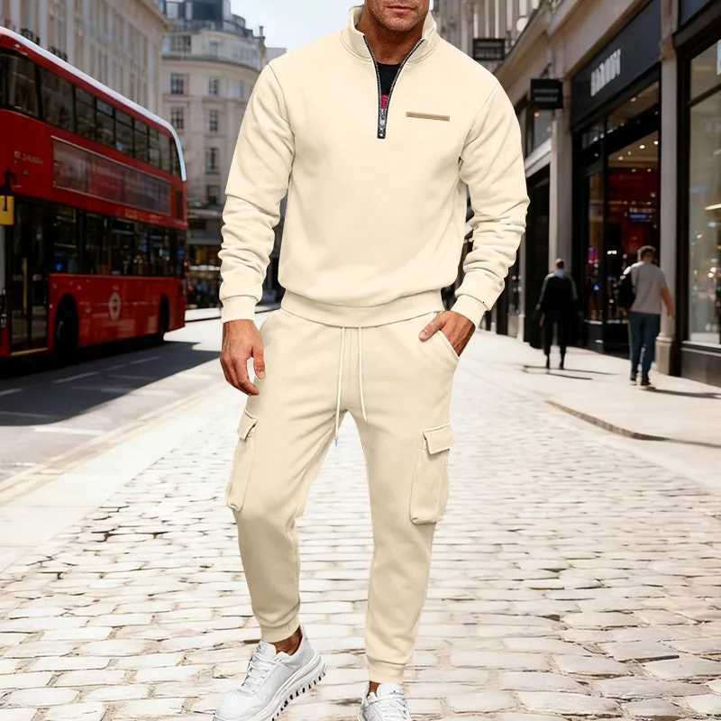 20025 Winter velvet half zipper stand-up collar pullover solid color casual sweater tooling trousers suit men W251110