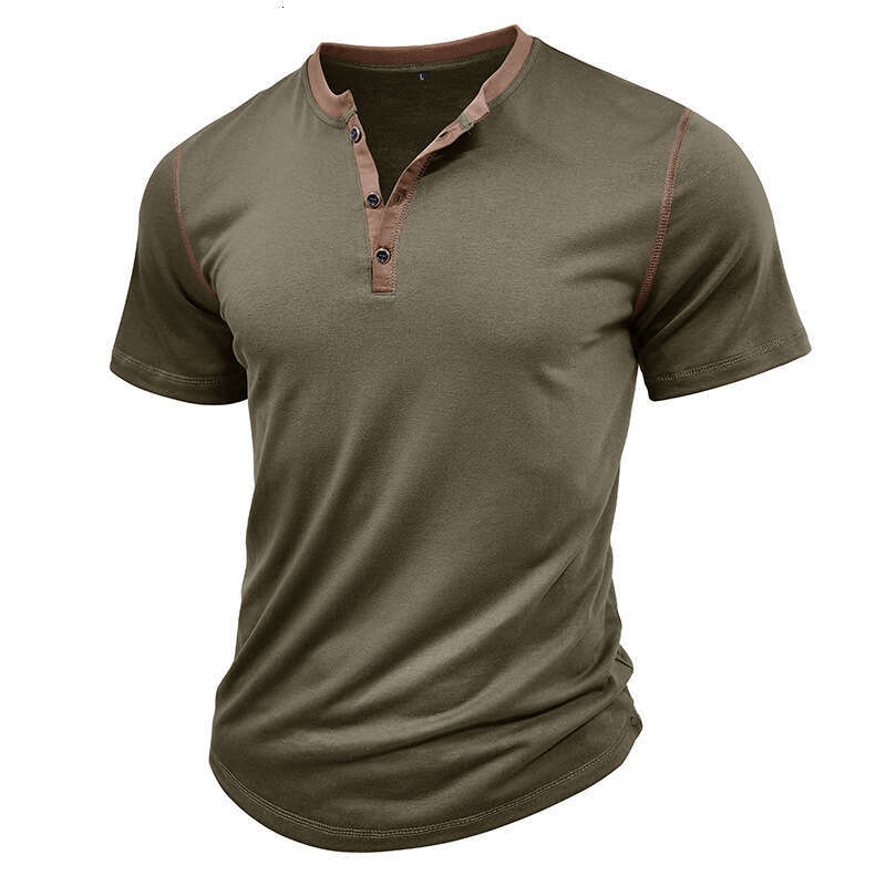 Summer European and American Short Sleeve Henley Shirt Men's Round Neck Color blocked T-shirt 2025 New Casual Versatile Fashion Clothing