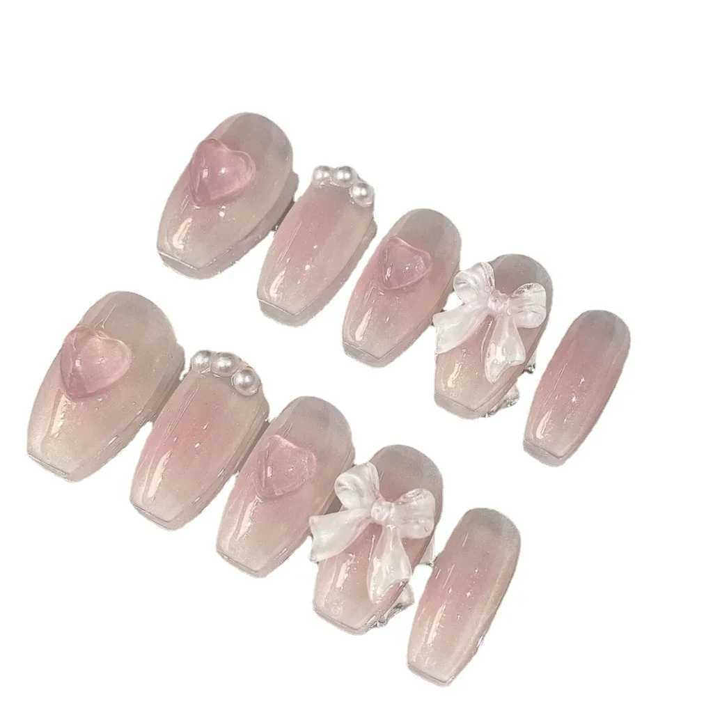 Lovely pink lovely princess detachable hand knitting nail art Y2K vitality girl short false nail powder blusher bow nail patch W250410