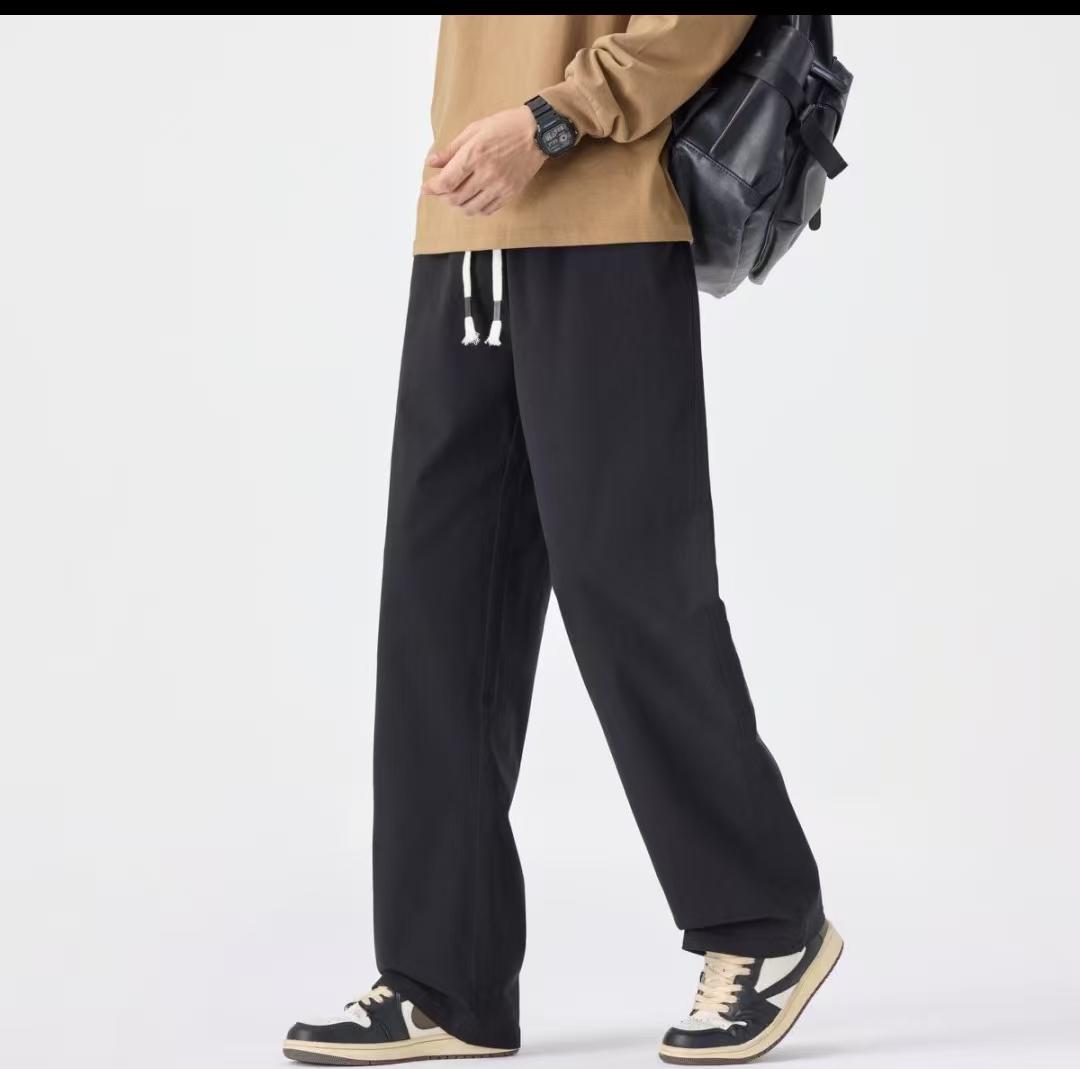 Men's Long-Length Black & Dark Gray Relaxed Straight-Leg Casual Pants 3608