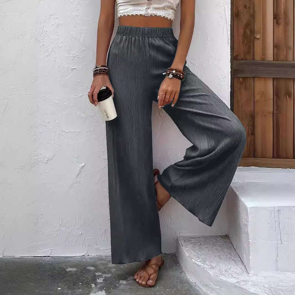 2025 New Foreign Trade Fashion European and American Cross-Border 1688 Women's Casual Loose Slimming Wrinkled Wide-Leg Long Pants