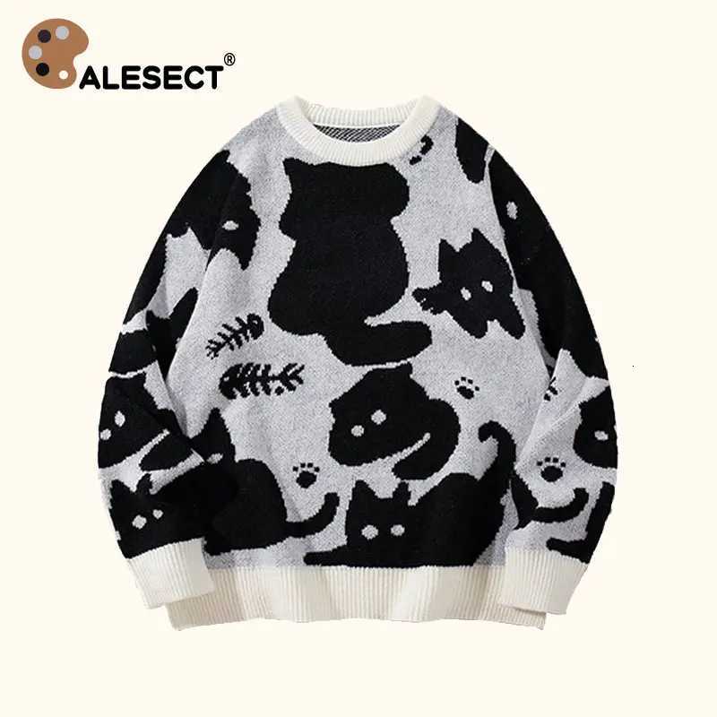 Fashion CALESECT Cartoon Black Cat Oversize Knit Sweater Y2K Aesthetic Jumper Loose Fit Streetwear Vintage Unisex Women Men Pullover Top Y251110