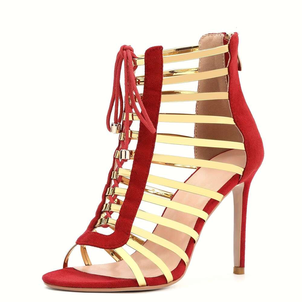 Black/Red Women's Hollow Lace-Up Heel Sandals Slim High Heel, Open Toe & Side Zipper Summer Evening Dress Shoes