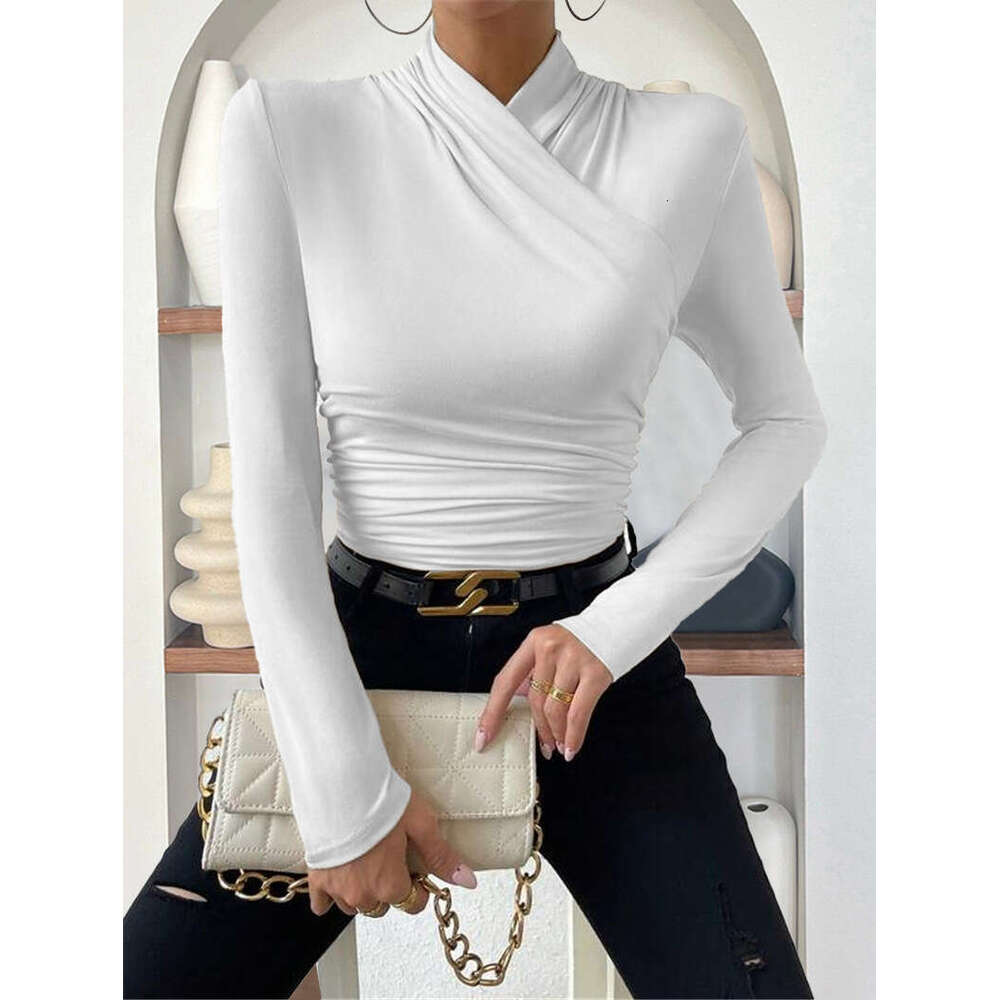 European and American Cross-Border Pullover Autumn Winter New Design Sense Cross-Neck Long Sleeve Slim Fit Versatile Solid Color Ruched T-Shirt