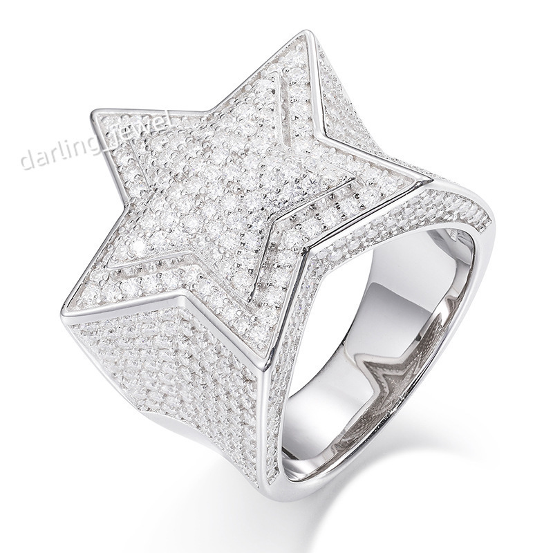 S925 Sterling Silver Moissanite Ring Five-Pointed Star Full Mosan Hip-Hop Fashion Jewelry for Europe United States Cross-Border