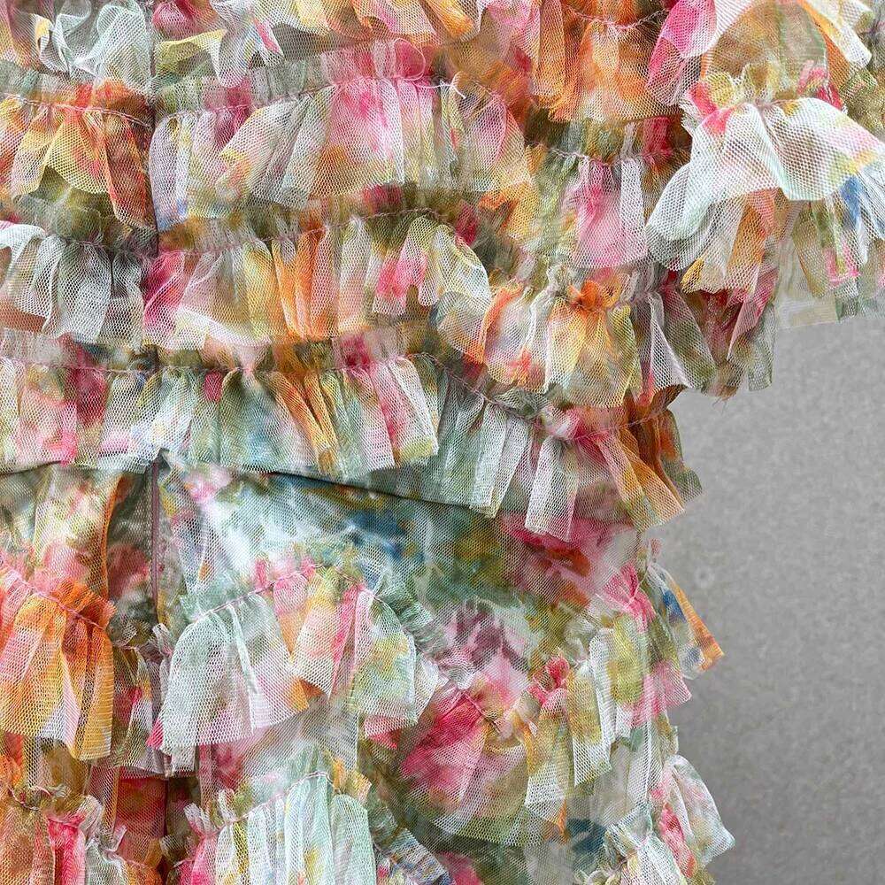 Layered Mesh Women's Y2k Fashion Printed Temperament Elegant Commuter Short Sleeve Round Neck Dress 2025 Summer New