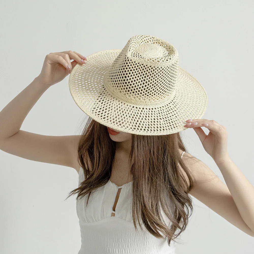 USPOP Spring Summer Fashion Casual Hand-woven Hollow Wide Brim Straw Hat Breathable Beach Hat Straw Jazz Fedoras 250409