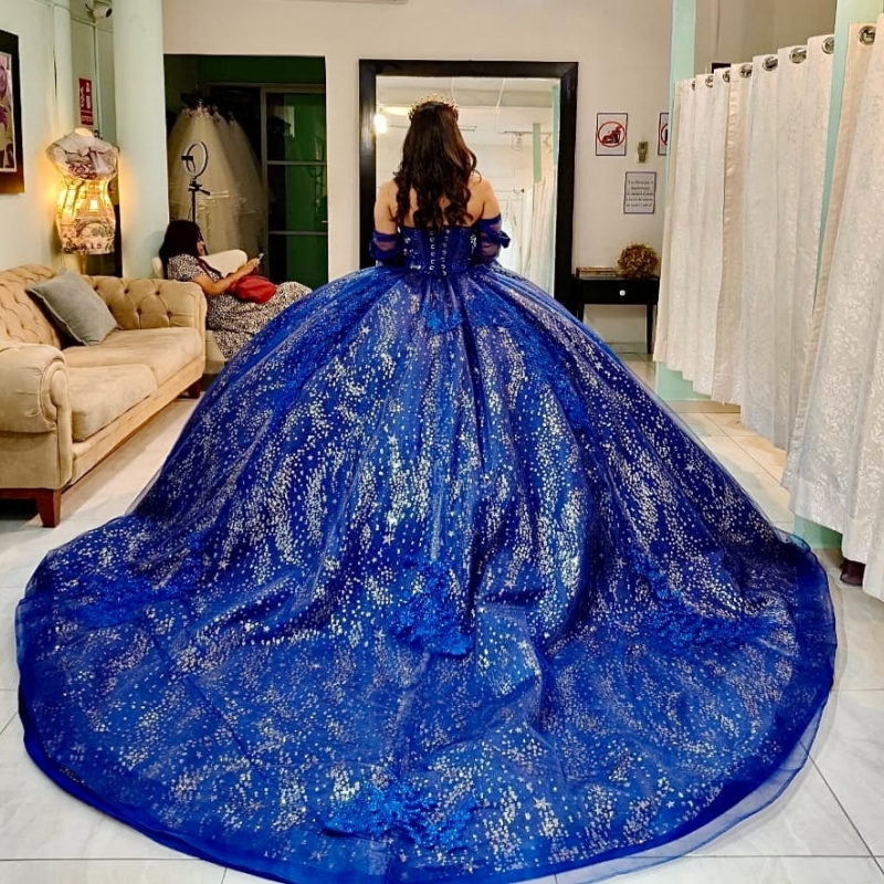 Navy Blue Quinceanera Dresses Ball Gown Off The Shoulder Applique Lace Beading Crystal Corset Tull Party Birthday Sweet 16 Dress Vestidos 15 Anos