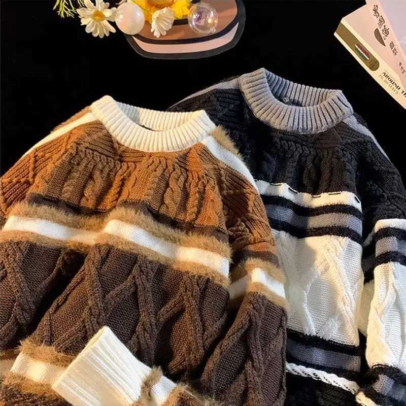 Fashion American autumn and winter street fashion personalized jacquard round neck pullover for couples loose retro color blocked knit Y251110