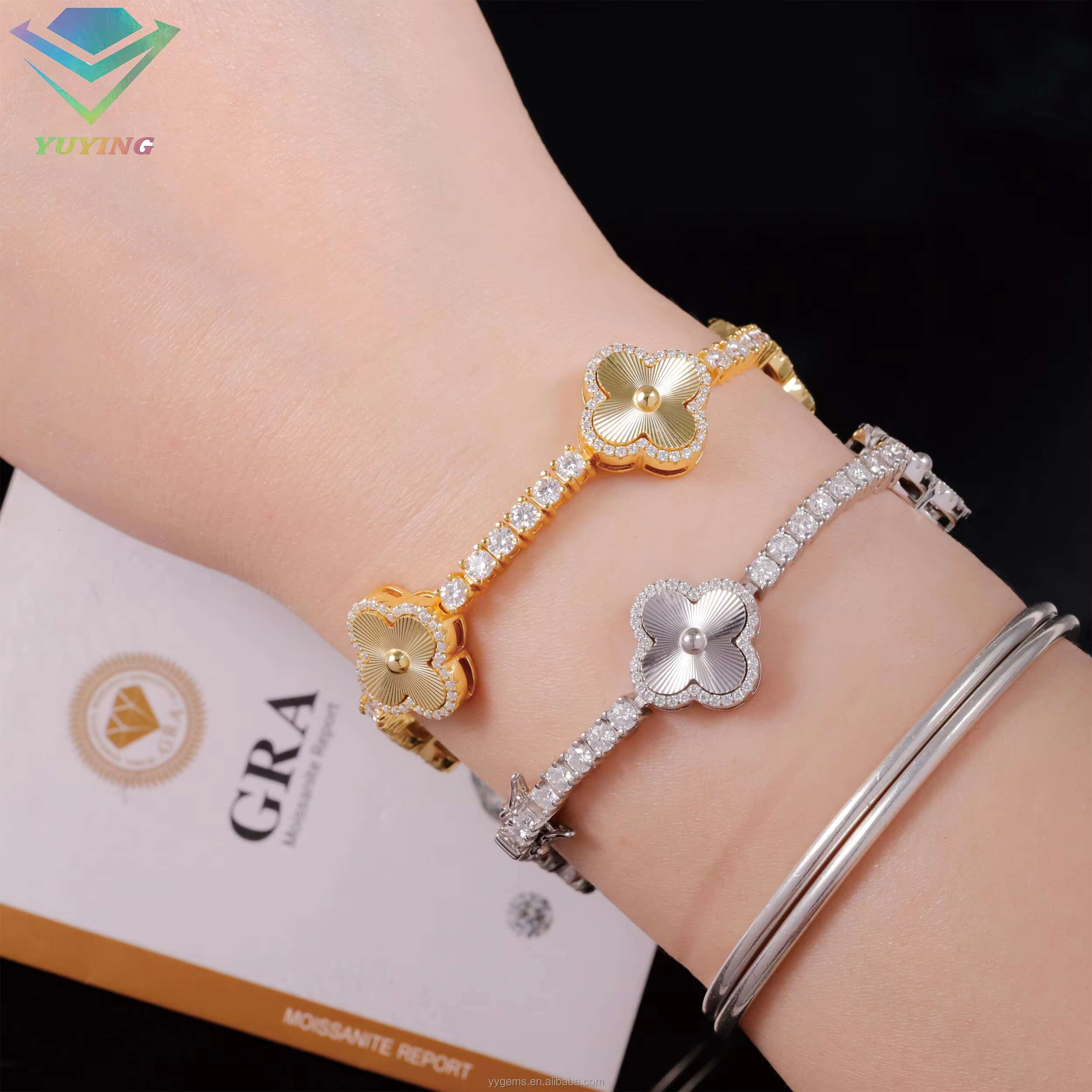 Fashion Four Leaf Gold Plated S925 Silver 3mm 4mm Mossanite Tennis Bracelet Laser Engraving Clover Tennis Chain Jewelry Bracelet