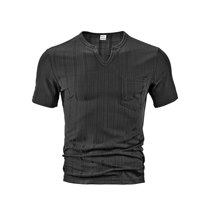 2025 collar mens summer fashion short sleeved Henry style American tough guy solid color T-shirt slim fit top