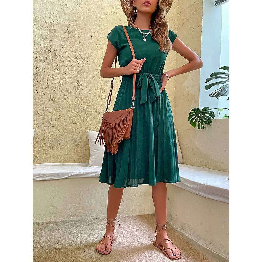Elegant Women Summer Casual Beach Sundress Short Sleeve Pleated Midi Dress Soild Colour O Neck Tunic Dresses Fashion