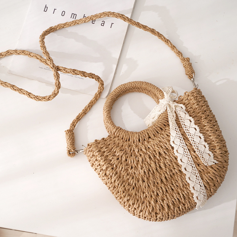 Round Bucket Moon Women's Crossbody Straw Bag Lace Strap Handbag Cheap Wholesale Bags