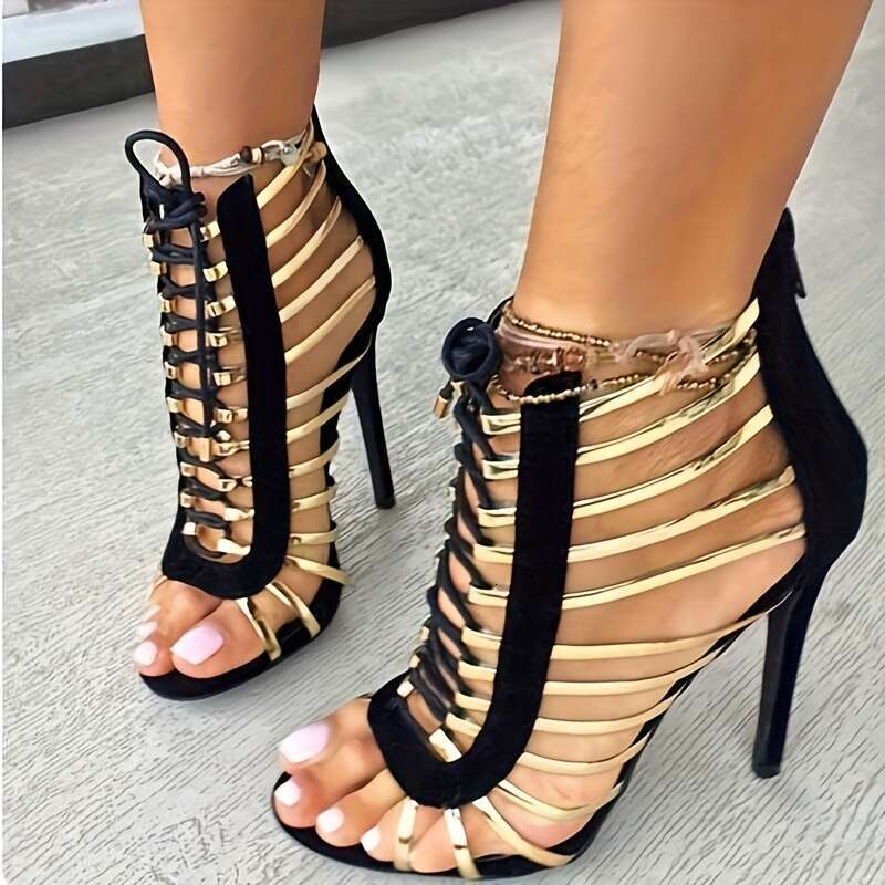 Black/Red Women's Hollow Lace-Up Heel Sandals Slim High Heel, Open Toe & Side Zipper Summer Evening Dress Shoes