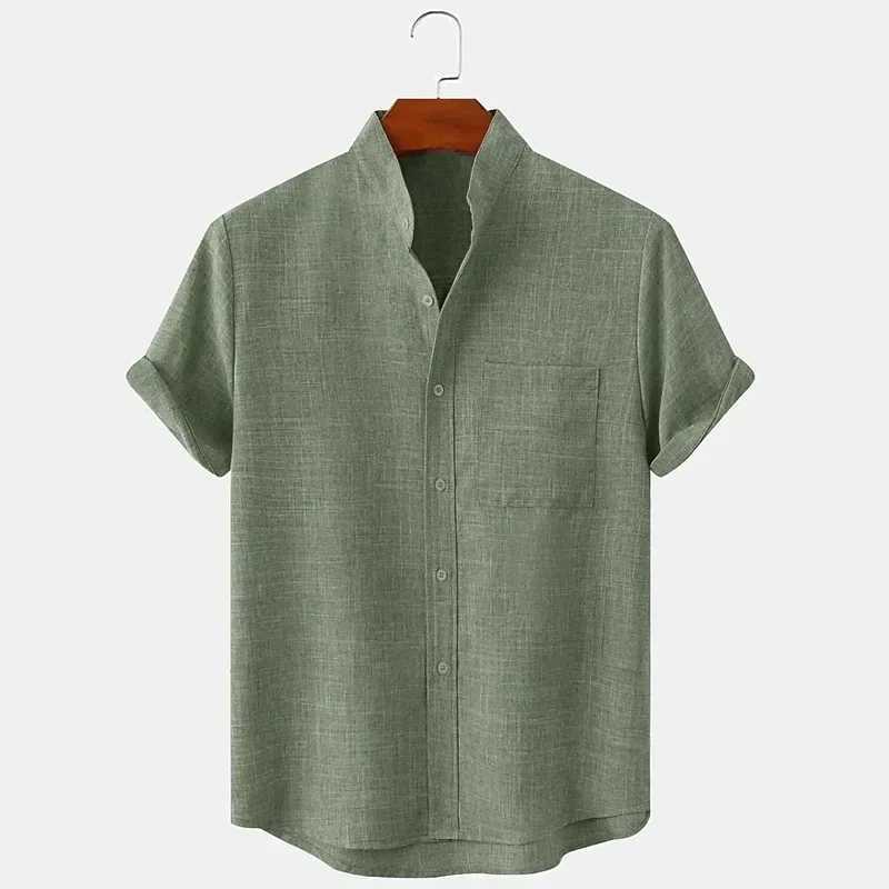 Summer new mens solid color hemp rope short sleeved lapel shirt casual plus size mens dress X250410