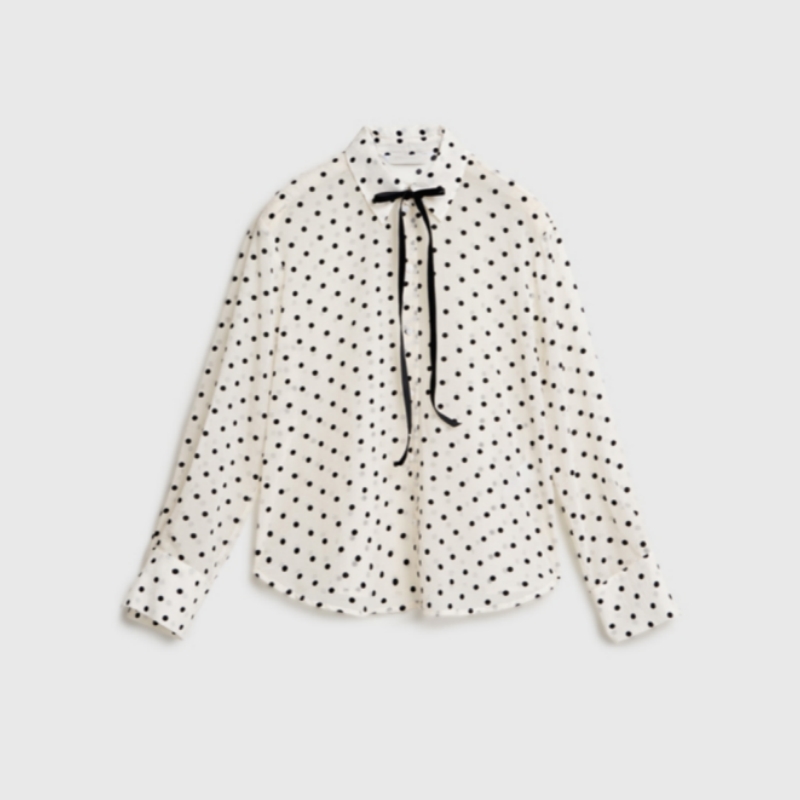 Women's White Black Polka Dot Bow Tie Collar Blouse, Long Sleeve Flock Print Shirt with Curved Hem