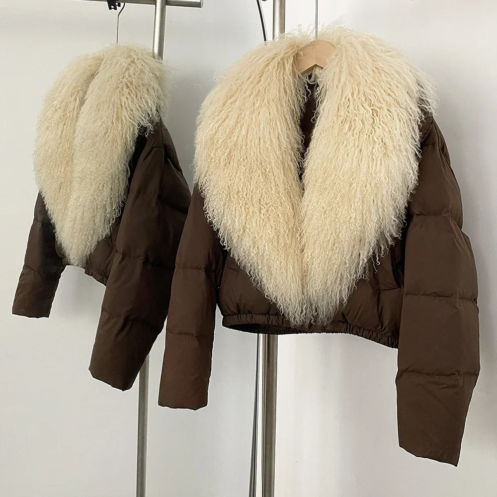 OFTBUY Fur Waterproof PU Puffer Jacket Short Large Mongolian Collar Coat Women White Duck Down Winter Parkas Female 251110