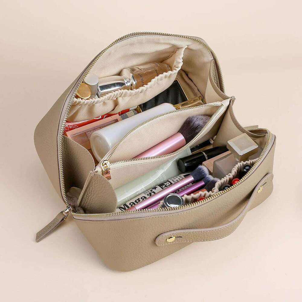Cow Leather Makeup Travel Storage Large Capacity Multi-Compartment Toiletry Free Initials Women's Cosmetic Bag 251110