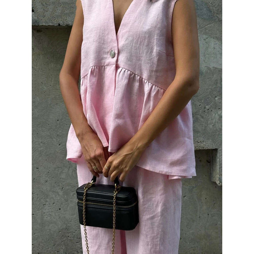 2025 Cross-Border V-Neck Sleeveless Top Vest Long Pants for Women European and American New Style Solid Color Elegant Commuter Two-Piece Set