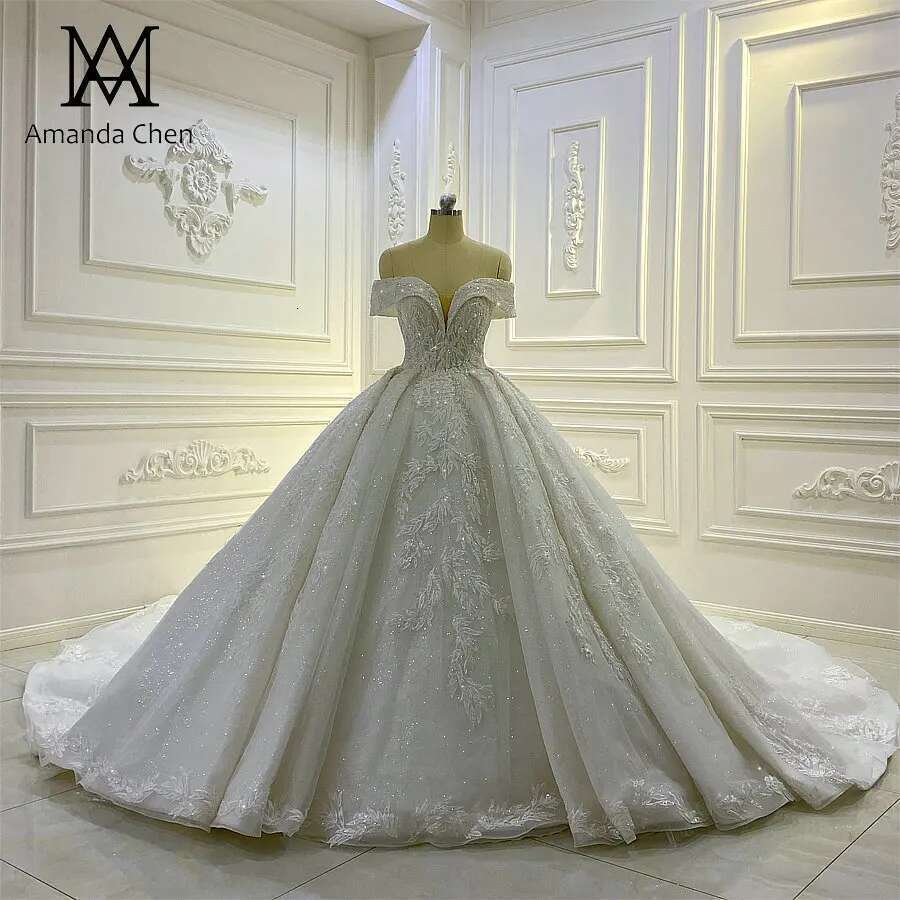 Customized AM972 High Quality Custom Made Off Shoulder Lace Applique Crystal Wedding Dress