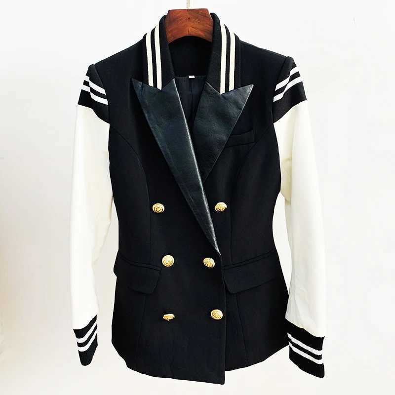 HIGH STREET New Fashion 2025 Classic Varsity Jacket Womens Lion Buttons Double Breasted Leather Sleeve Patchwork Blazer W251110