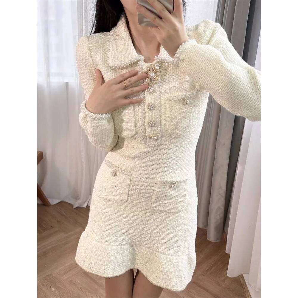 High Waist Sweet Women Tweed Lapel Long Sleeve Pearl Sequins A-Line Short Dresses Slim Fit Office Ladies Elegant Dress