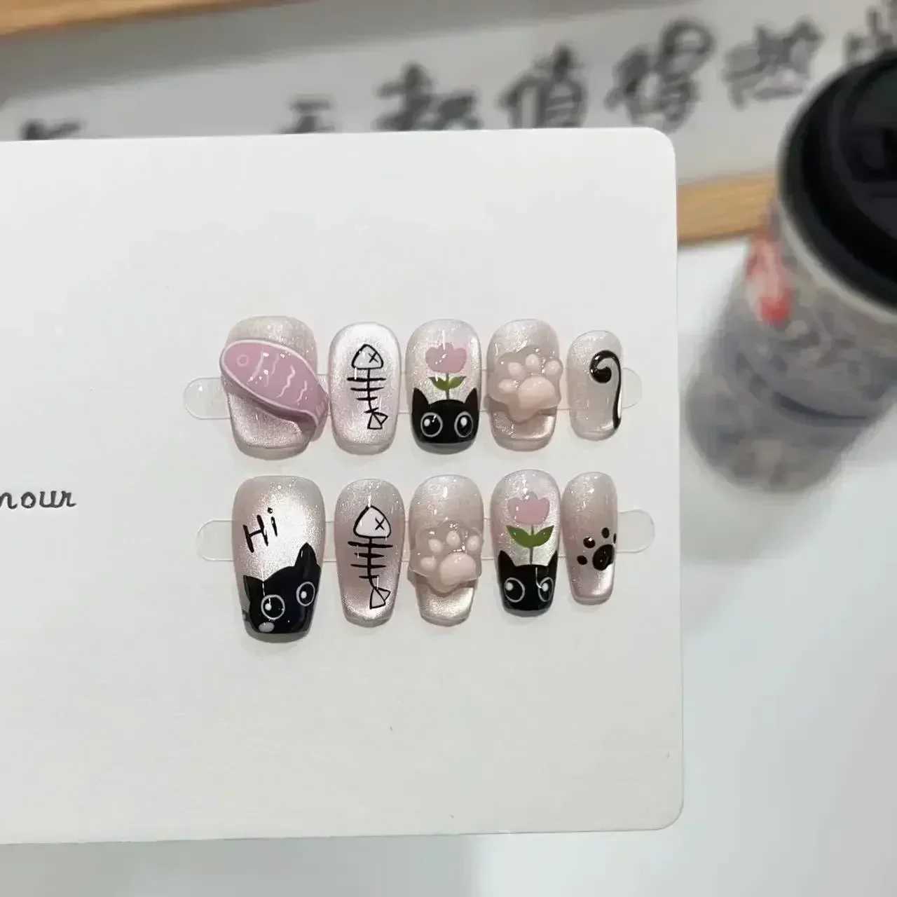 0pcs long ballet dancer hand pressed nails pink black fake nails wearable nail sticks full set of fake nails U as Postizas W250410