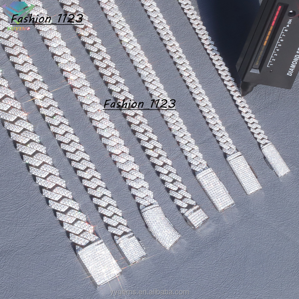 8mm-12mm Width 100 Pass Tester 18k Gold Plated 2rows VVS Moissanite 925 Silver Cuban Link Chain for Hip Hop Rapper Jewelry