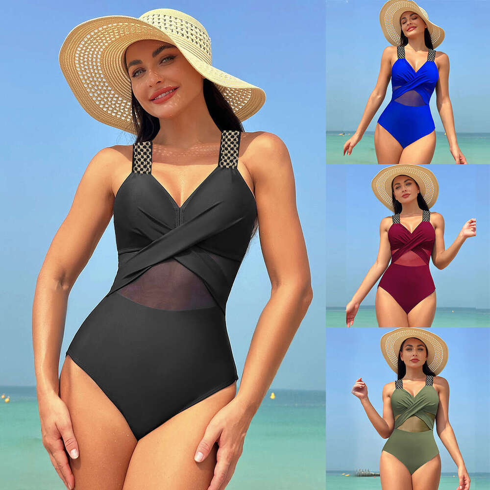 European and American one-piece women's solid color mesh swimsuit bikini wholesale 2025 new style chic elegant clothing