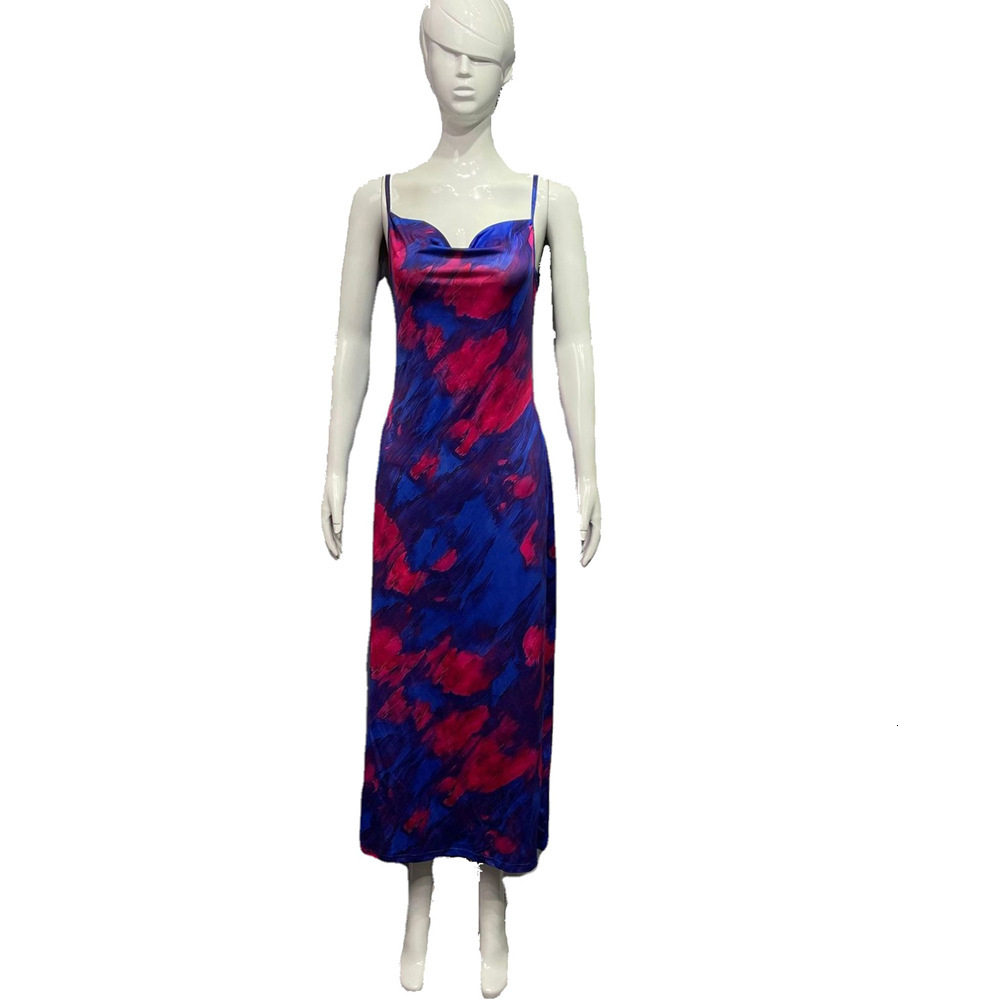 2025 Summer Women's Sexy Print Heap Neck Strap Open Back Midlength Dress