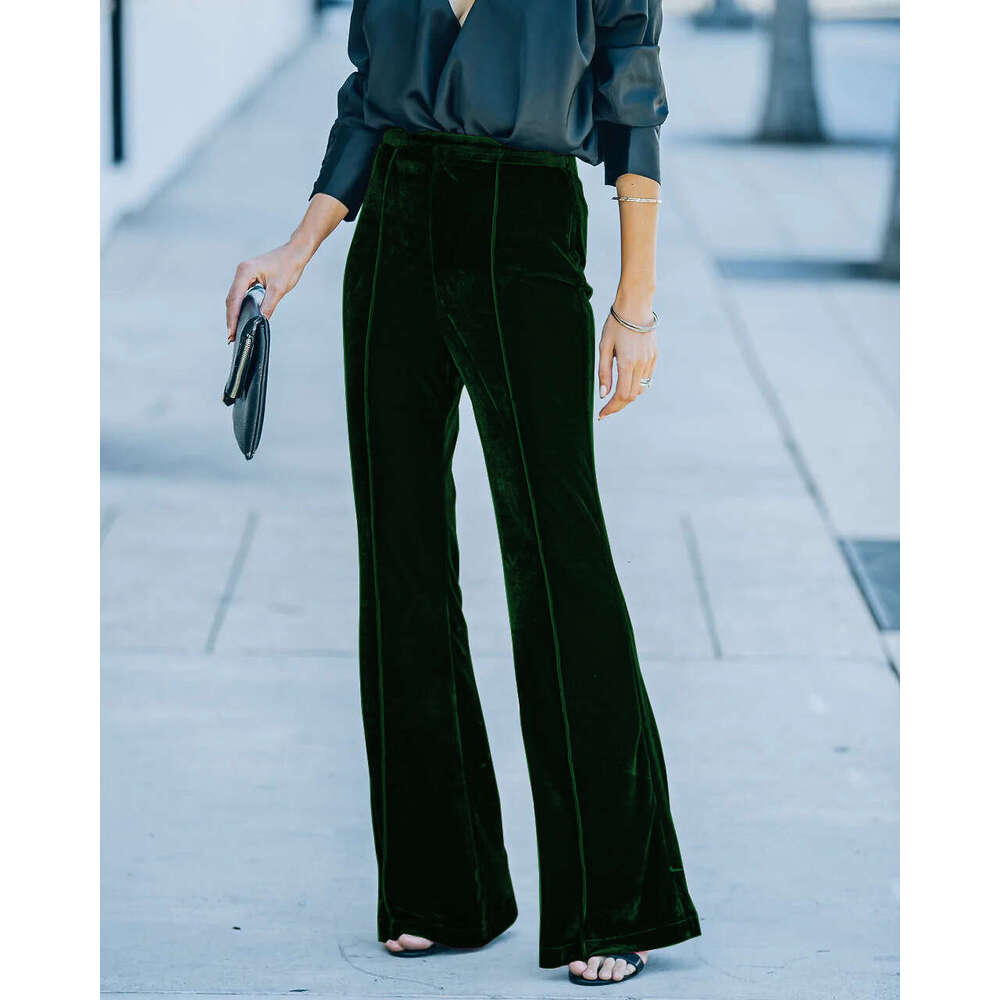 Cross-Border Independent Station European and American New Style 2023 Autumn Winter Women's Patchwork Velvet Flared High Waist Casual Pants